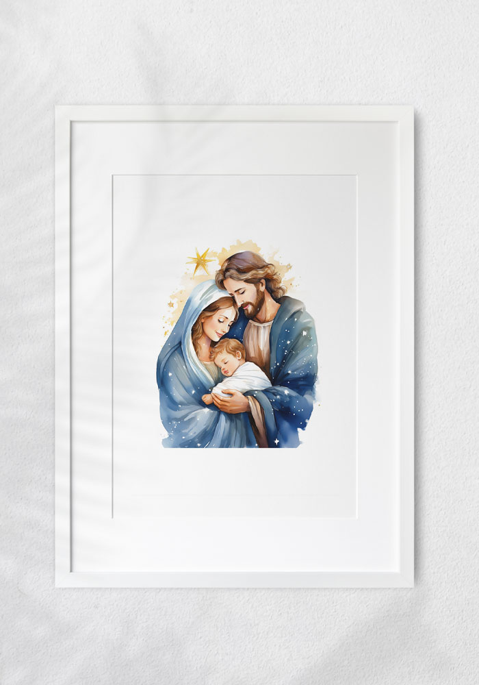 Holy Family watercolor art print — Nativity poster with Mary, Joseph, and Baby Jesus under a golden star. Religious Christmas wall decor.