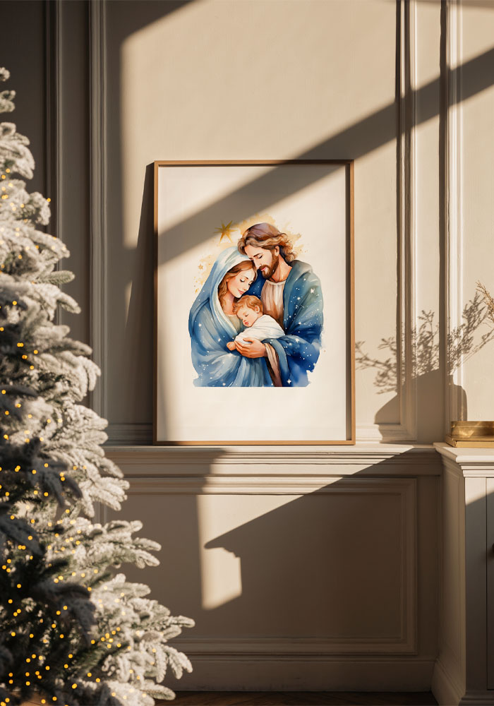 Holy Family watercolor art print — Nativity poster with Mary, Joseph, and Baby Jesus under a golden star. Religious Christmas wall decor.