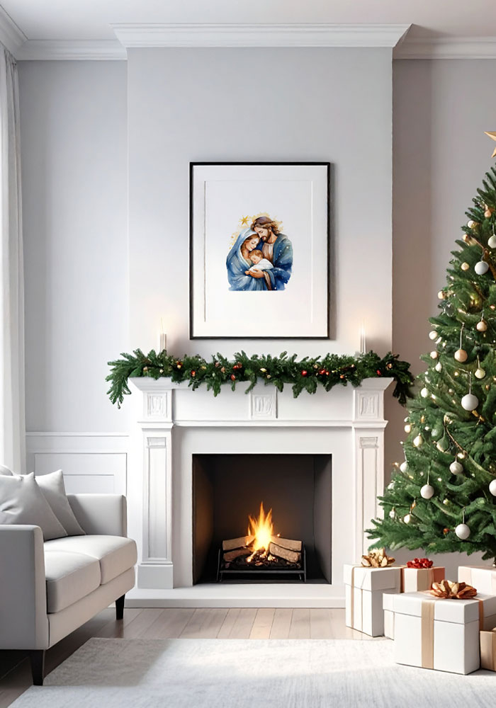 Holy Family watercolor art print — Nativity poster with Mary, Joseph, and Baby Jesus under a golden star. Religious Christmas wall decor.