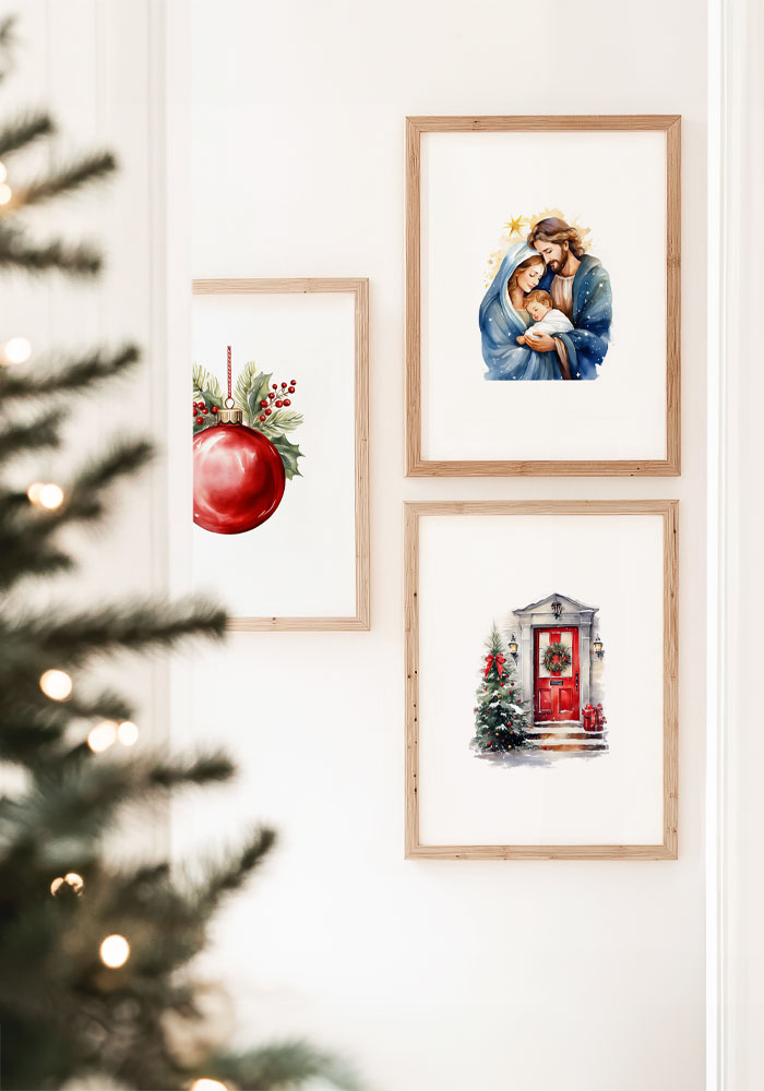 Holy Family watercolor art print — Nativity poster with Mary, Joseph, and Baby Jesus under a golden star. Religious Christmas wall decor.