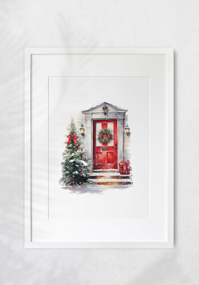 Watercolor Christmas Door poster featuring a red front door with a wreath, Christmas tree, and snow. Festive holiday wall decor.