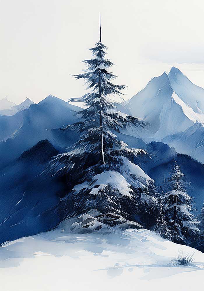 Panoramic watercolor triptych of blue misty mountains and snow-covered pine trees in a wide winter landscape.