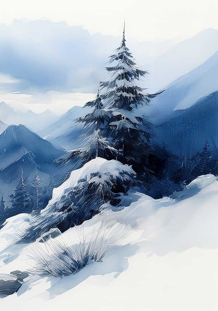 Panoramic watercolor triptych of blue misty mountains and snow-covered pine trees in a wide winter landscape.