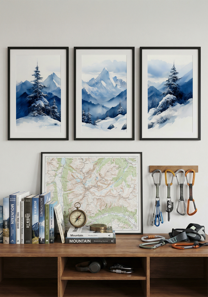 Panoramic watercolor triptych of blue misty mountains and snow-covered pine trees in a wide winter landscape.