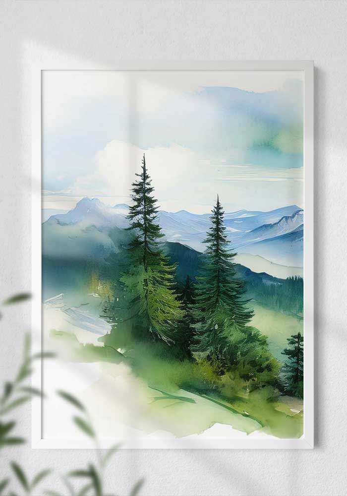 Vibrant green watercolor triptych of the Bavarian Alps featuring lush pine forests and misty mountain peaks in a continuous landscape.