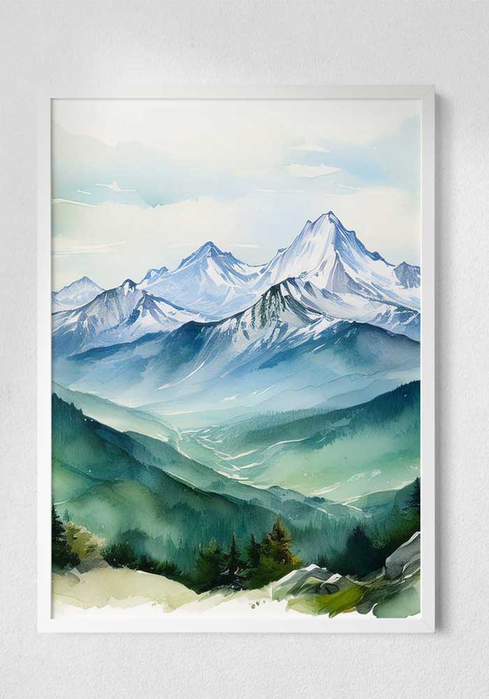 Vibrant green watercolor triptych of the Bavarian Alps featuring lush pine forests and misty mountain peaks in a continuous landscape.