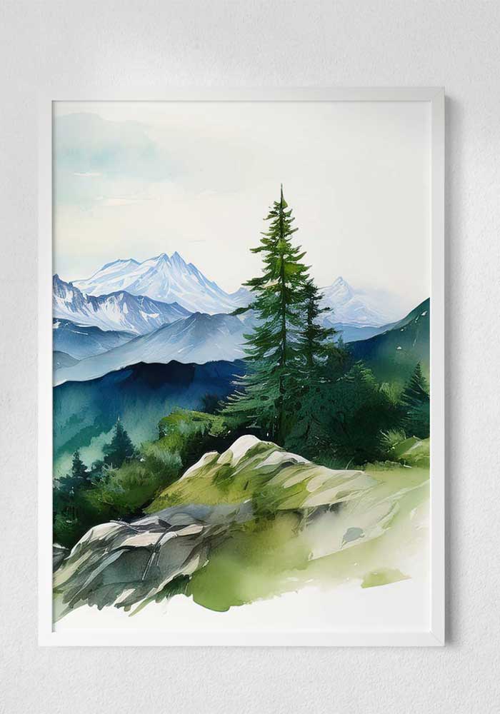 Vibrant green watercolor triptych of the Bavarian Alps featuring lush pine forests and misty mountain peaks in a continuous landscape.