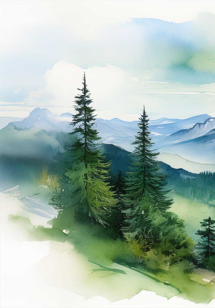 Vibrant green watercolor triptych of the Bavarian Alps featuring lush pine forests and misty mountain peaks in a continuous landscape.