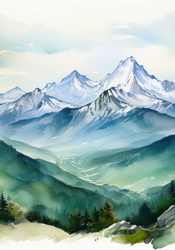Vibrant green watercolor triptych of the Bavarian Alps featuring lush pine forests and misty mountain peaks in a continuous landscape.