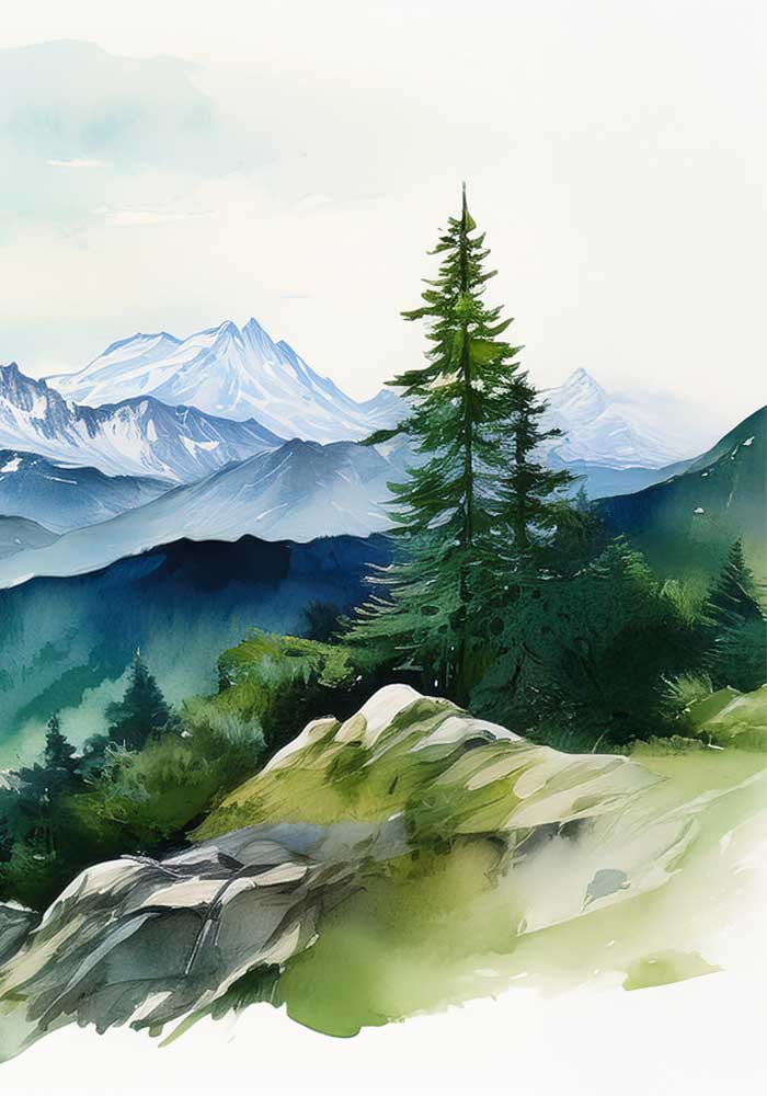 Vibrant green watercolor triptych of the Bavarian Alps featuring lush pine forests and misty mountain peaks in a continuous landscape.