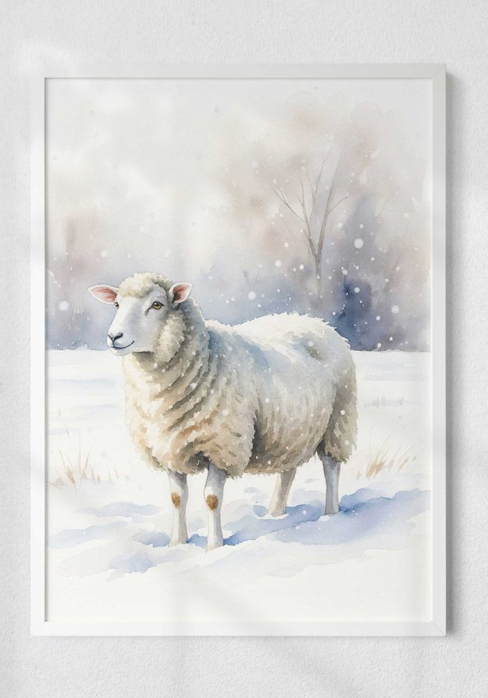 Winter Sheep Watercolor A high-quality watercolor painting of a fluffy white sheep in a snowy winter landscape with soft bokeh trees.