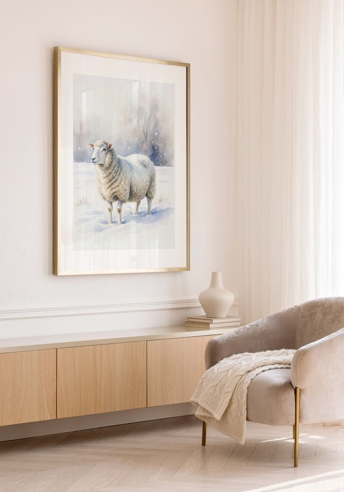 Winter Sheep Watercolor A high-quality watercolor painting of a fluffy white sheep in a snowy winter landscape with soft bokeh trees.