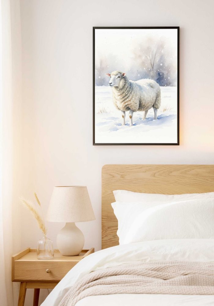 Winter Sheep Watercolor A high-quality watercolor painting of a fluffy white sheep in a snowy winter landscape with soft bokeh trees.