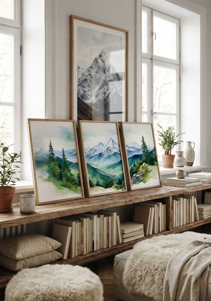 Vibrant green watercolor triptych of the Bavarian Alps featuring lush pine forests and misty mountain peaks in a continuous landscape.