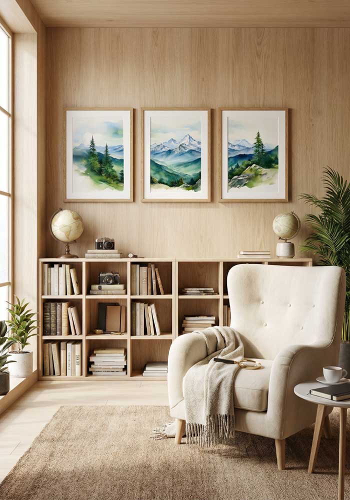 Vibrant green watercolor triptych of the Bavarian Alps featuring lush pine forests and misty mountain peaks in a continuous landscape.