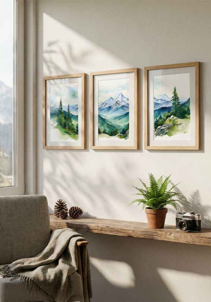 Vibrant green watercolor triptych of the Bavarian Alps featuring lush pine forests and misty mountain peaks in a continuous landscape.