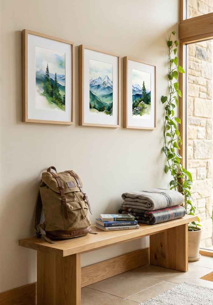 Vibrant green watercolor triptych of the Bavarian Alps featuring lush pine forests and misty mountain peaks in a continuous landscape.