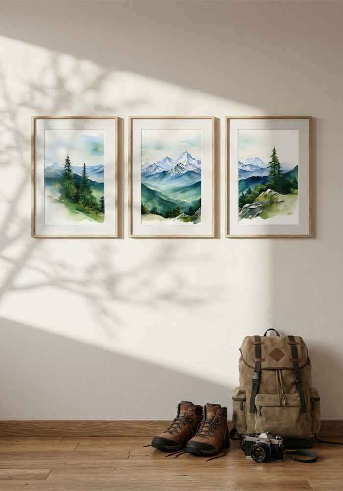 Vibrant green watercolor triptych of the Bavarian Alps featuring lush pine forests and misty mountain peaks in a continuous landscape.