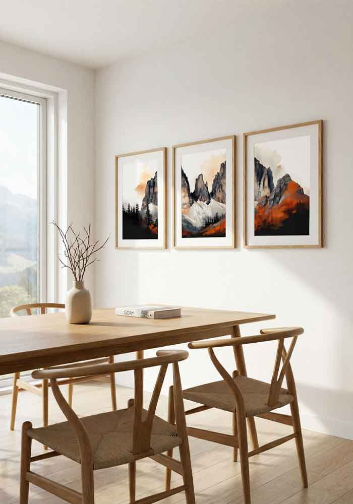 High-contrast watercolor triptych of dramatic mountain peaks with bright orange sunset light against dark black and grey shadows.