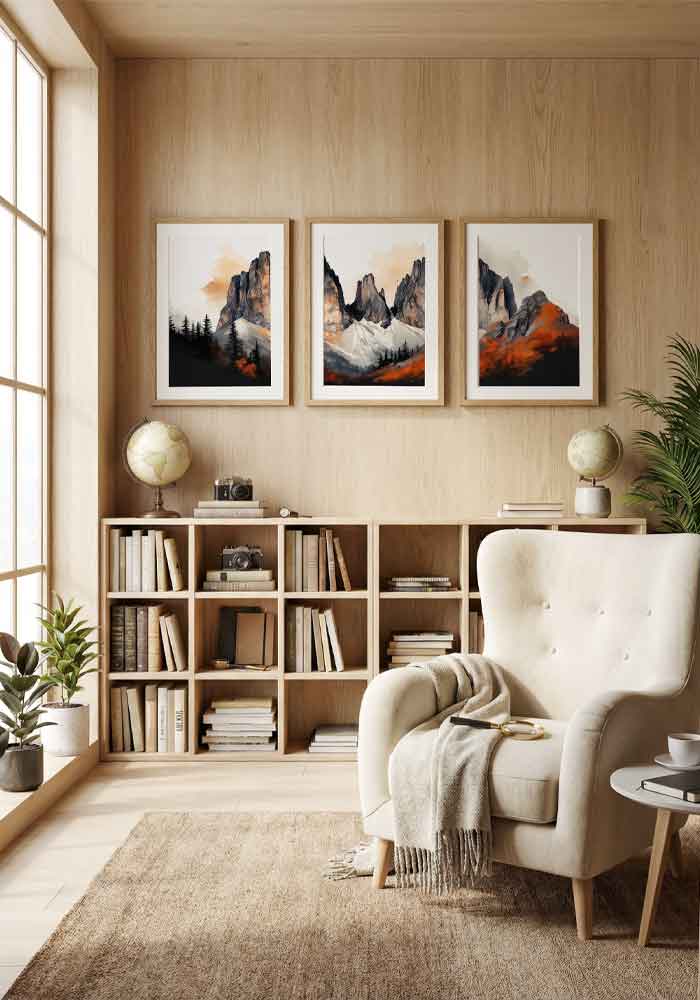 High-contrast watercolor triptych of dramatic mountain peaks with bright orange sunset light against dark black and grey shadows.