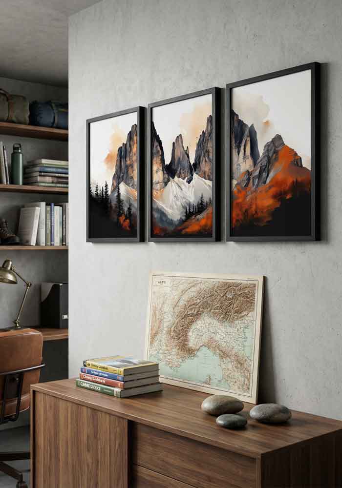 High-contrast watercolor triptych of dramatic mountain peaks with bright orange sunset light against dark black and grey shadows.