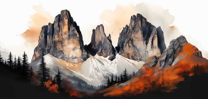 High-contrast watercolor triptych of dramatic mountain peaks with bright orange sunset light against dark black and grey shadows.