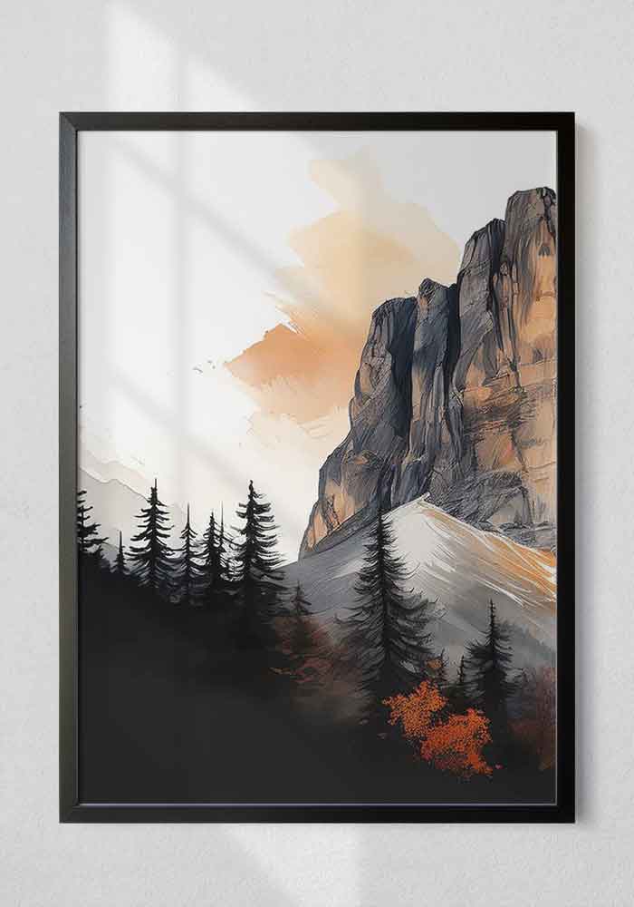 High-contrast watercolor triptych of dramatic mountain peaks with bright orange sunset light against dark black and grey shadows.