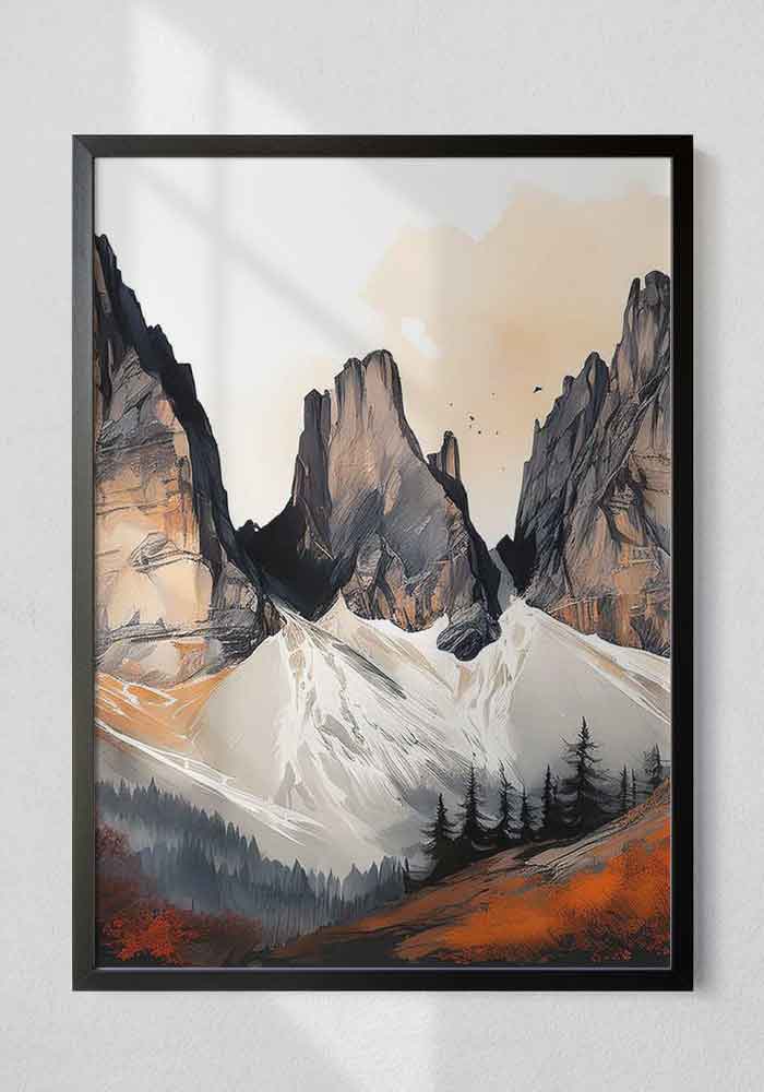 High-contrast watercolor triptych of dramatic mountain peaks with bright orange sunset light against dark black and grey shadows.