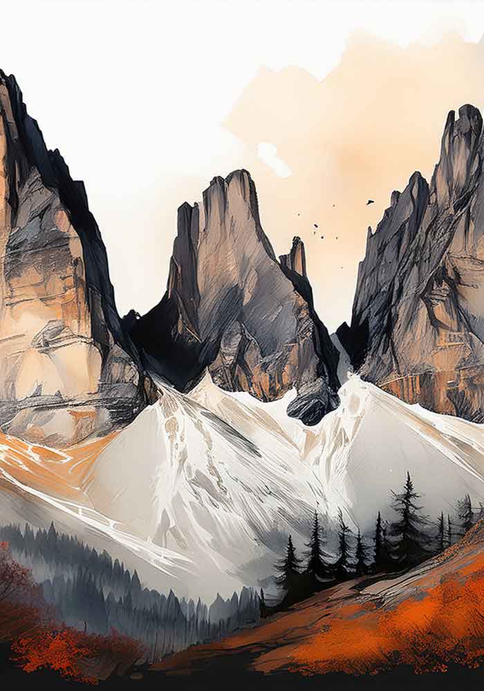 High-contrast watercolor triptych of dramatic mountain peaks with bright orange sunset light against dark black and grey shadows.