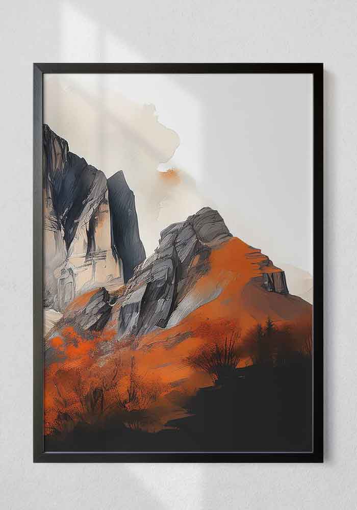 High-contrast watercolor triptych of dramatic mountain peaks with bright orange sunset light against dark black and grey shadows.