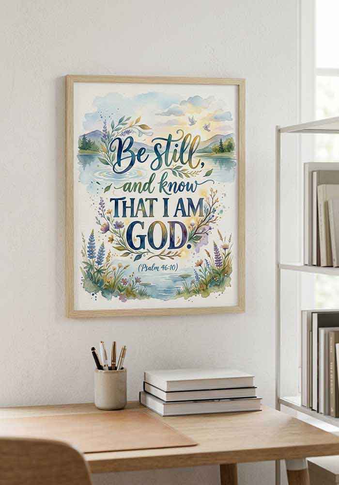 "Be Still" – Psalm 46:10 Watercolor poster with elegant typography reading "Be still, and know that I am God (Psalm 46:10)" set against a calming lake, mountains, and botanical elements.