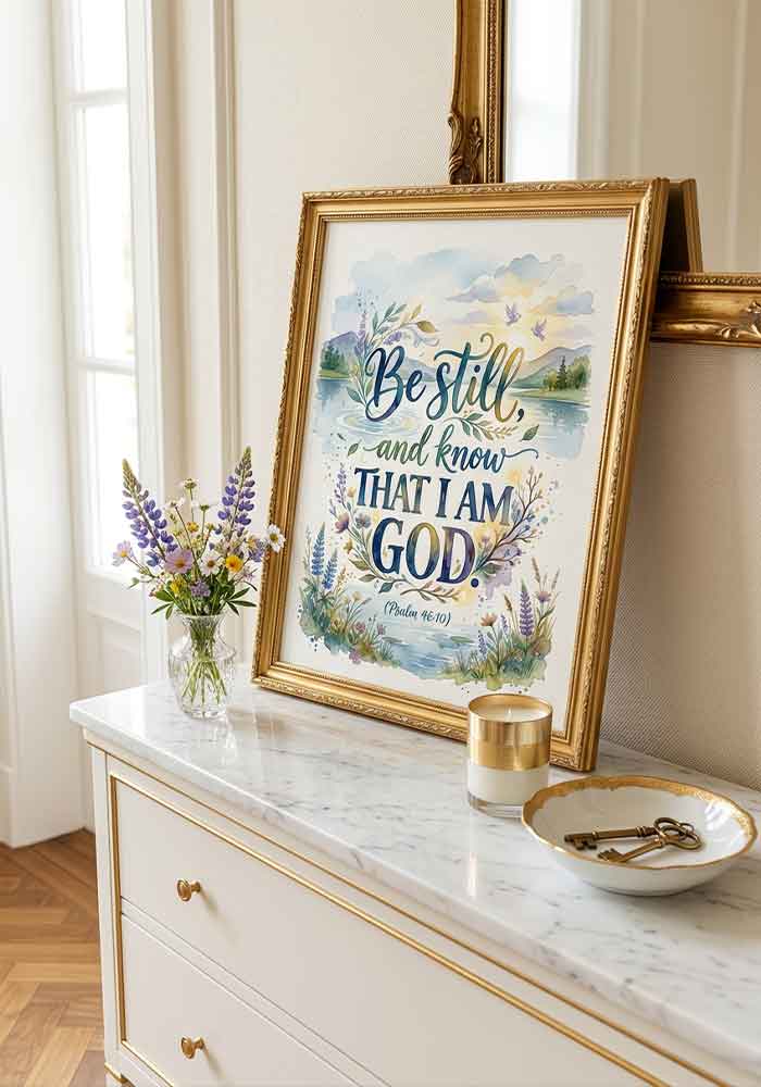 "Be Still" – Psalm 46:10 Watercolor poster with elegant typography reading "Be still, and know that I am God (Psalm 46:10)" set against a calming lake, mountains, and botanical elements.