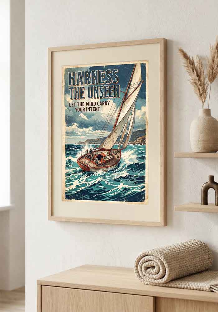 Retro Sailboat Poster Dynamic vintage poster of a classic wooden sailboat navigating rough ocean waves with the text Harness The Unseen - Let the wind carry your intent.
