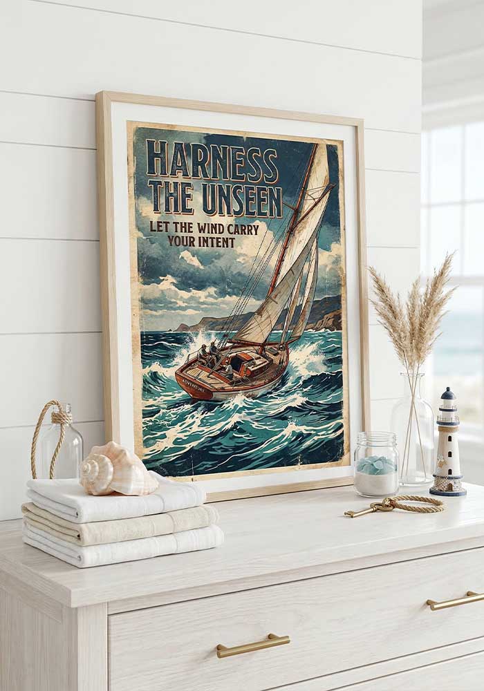 Retro Sailboat Poster Dynamic vintage poster of a classic wooden sailboat navigating rough ocean waves with the text Harness The Unseen - Let the wind carry your intent.