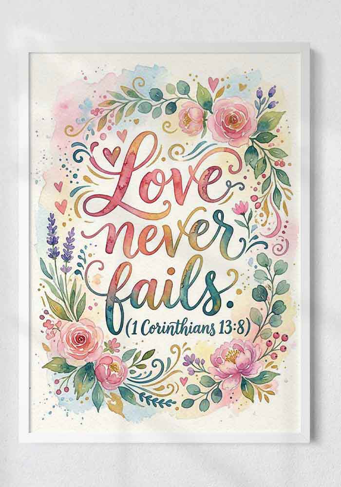 Watercolor typography poster featuring the quote "Love never fails (1 Corinthians 13:8)" surrounded by a beautiful frame of pink roses and greenery.