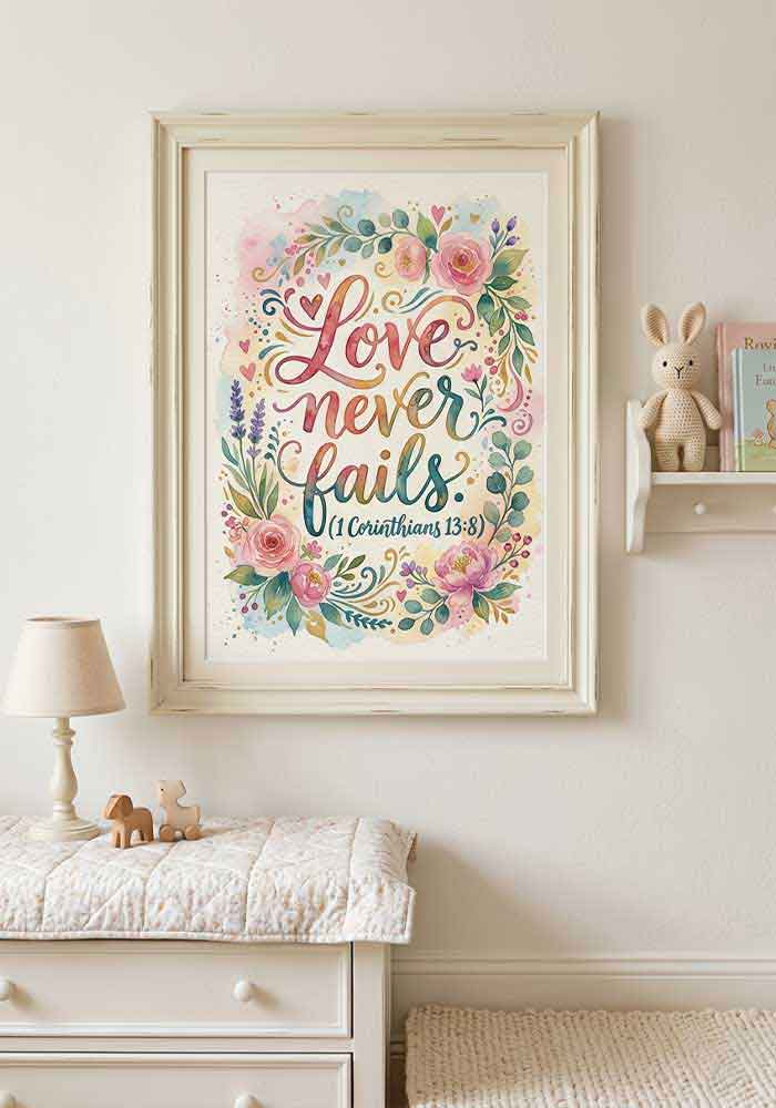 Watercolor typography poster featuring the quote "Love never fails (1 Corinthians 13:8)" surrounded by a beautiful frame of pink roses and greenery.