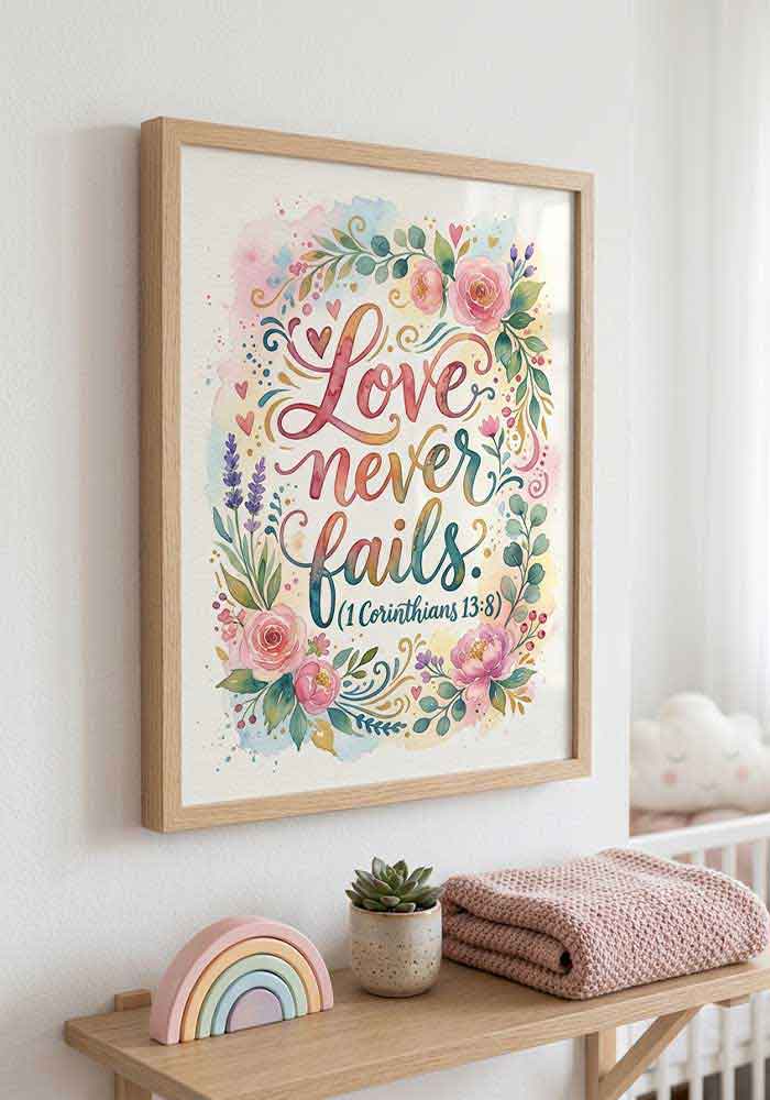 Watercolor typography poster featuring the quote "Love never fails (1 Corinthians 13:8)" surrounded by a beautiful frame of pink roses and greenery.