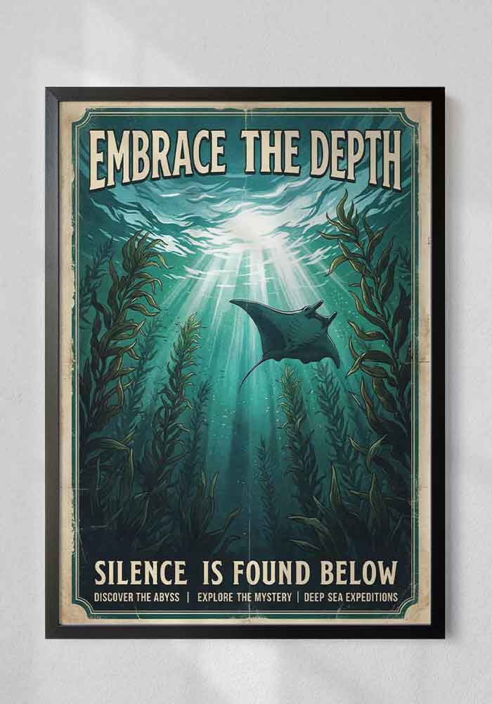 Vintage nautical poster showing a manta ray swimming underwater among kelp with sunlight shining down and the text Embrace The Depth - Silence is found below.