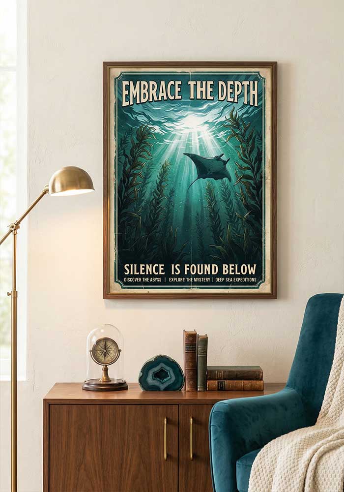 Vintage nautical poster showing a manta ray swimming underwater among kelp with sunlight shining down and the text Embrace The Depth - Silence is found below.