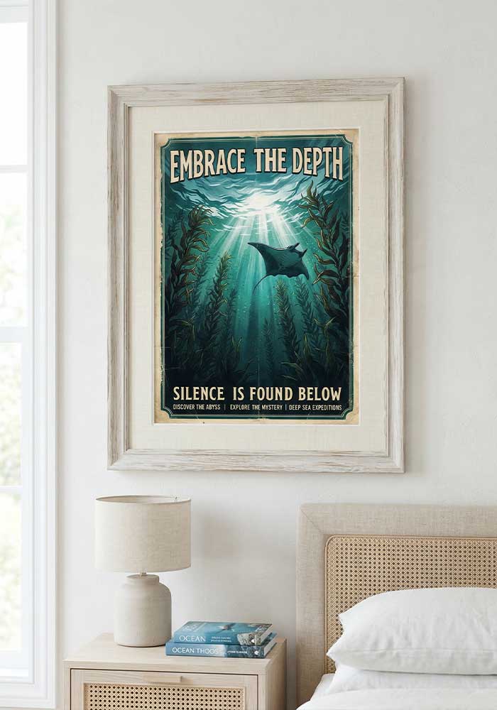 Vintage nautical poster showing a manta ray swimming underwater among kelp with sunlight shining down and the text Embrace The Depth - Silence is found below.