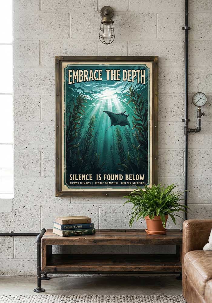 Vintage nautical poster showing a manta ray swimming underwater among kelp with sunlight shining down and the text Embrace The Depth - Silence is found below.