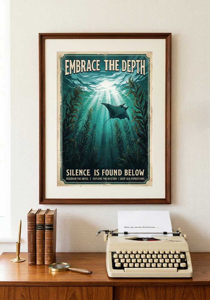 Vintage nautical poster showing a manta ray swimming underwater among kelp with sunlight shining down and the text Embrace The Depth - Silence is found below.