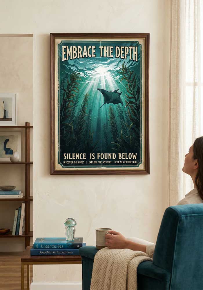 Vintage nautical poster showing a manta ray swimming underwater among kelp with sunlight shining down and the text Embrace The Depth - Silence is found below.