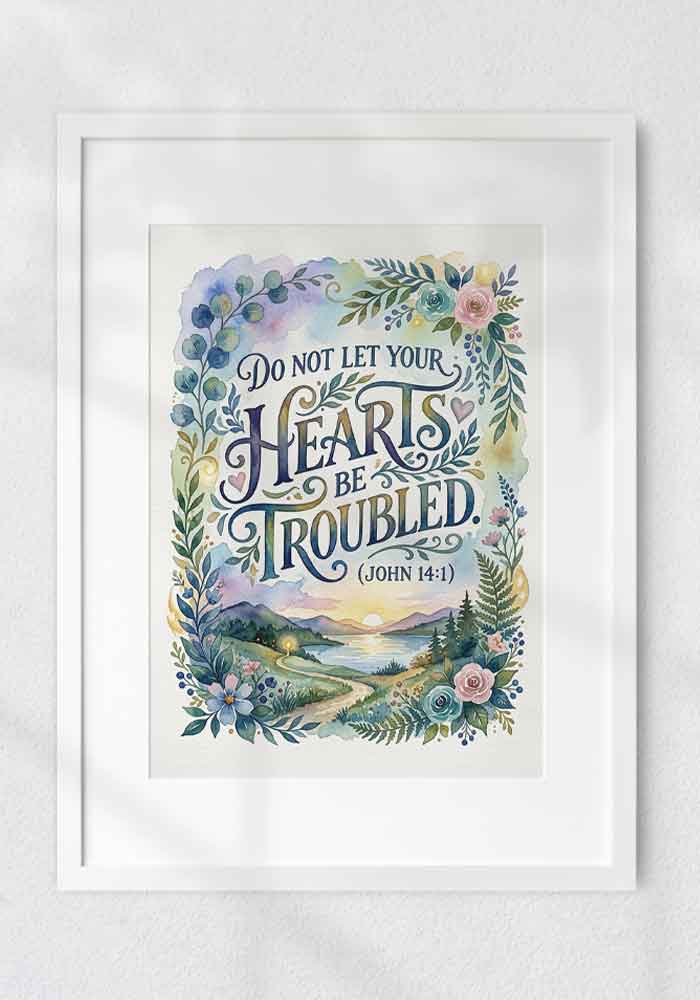 Pastel watercolor poster with the verse "Do not let your hearts be troubled (John 14:1)" framed by colorful flowers and a flying dove.
