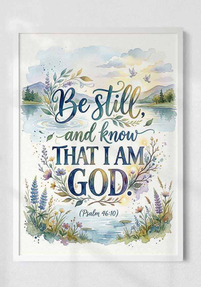 "Be Still" – Psalm 46:10 Watercolor poster with elegant typography reading "Be still, and know that I am God (Psalm 46:10)" set against a calming lake, mountains, and botanical elements.