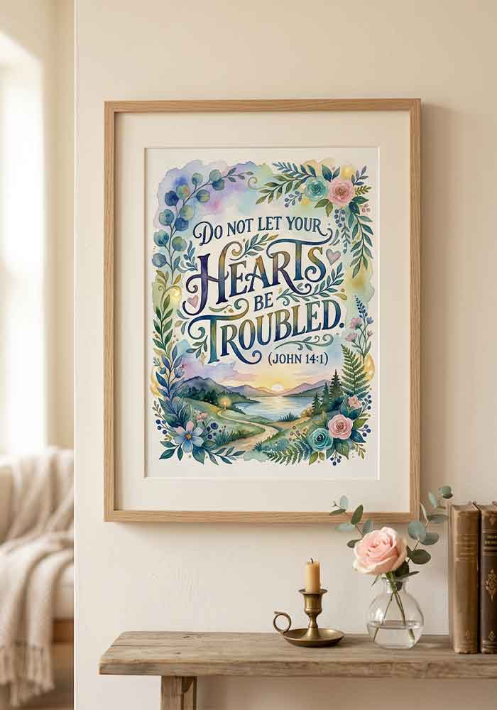 Pastel watercolor poster with the verse "Do not let your hearts be troubled (John 14:1)" framed by colorful flowers and a flying dove.
