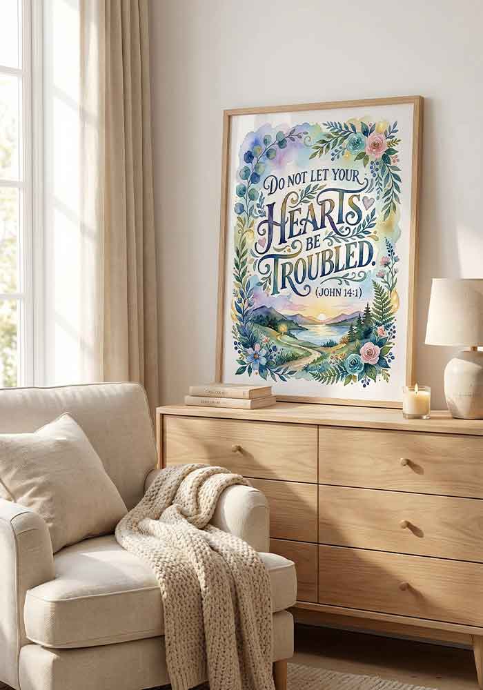 Pastel watercolor poster with the verse "Do not let your hearts be troubled (John 14:1)" framed by colorful flowers and a flying dove.