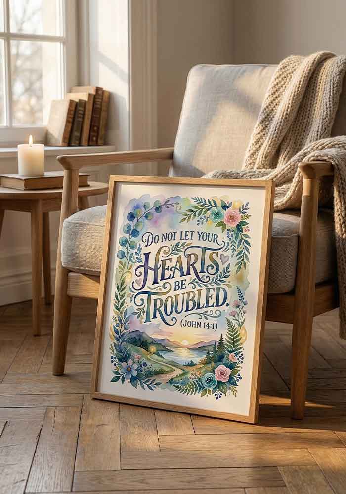 Pastel watercolor poster with the verse "Do not let your hearts be troubled (John 14:1)" framed by colorful flowers and a flying dove.