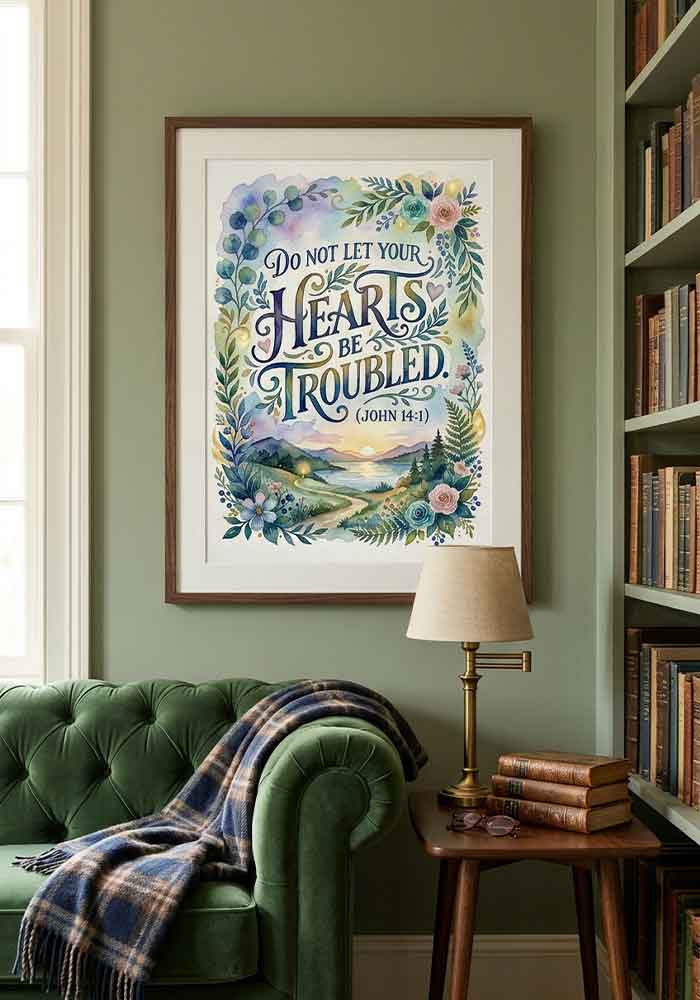 Pastel watercolor poster with the verse "Do not let your hearts be troubled (John 14:1)" framed by colorful flowers and a flying dove.