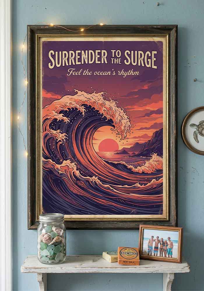 Dramatic retro illustration of a large crashing ocean wave against a red sunset with the text Surrender To The Surge - Feel the ocean's rhythm.